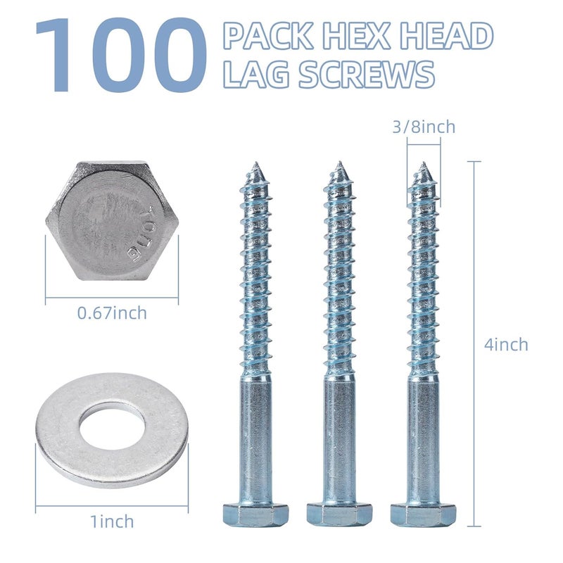 AiVeUao 100 Pack Wood Lag Screws, 3/8" x 4" Hex Head Lag Bolts, Heavy Duty Hex Head Lag Screws, Wood Screws with Washers - Image 2